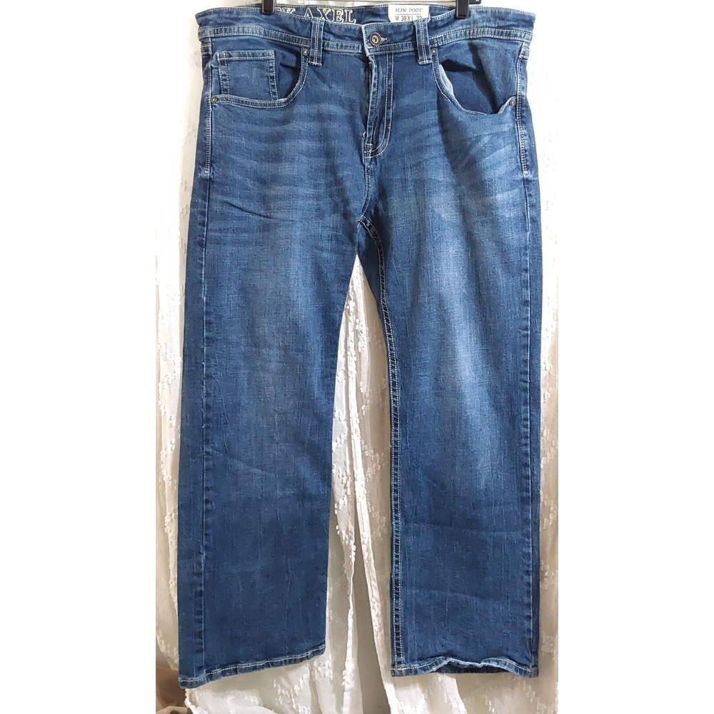 Axel Mens Slim Bootcut Jeans Medium Wash Blue W38 x L32 Embroidered Pockets